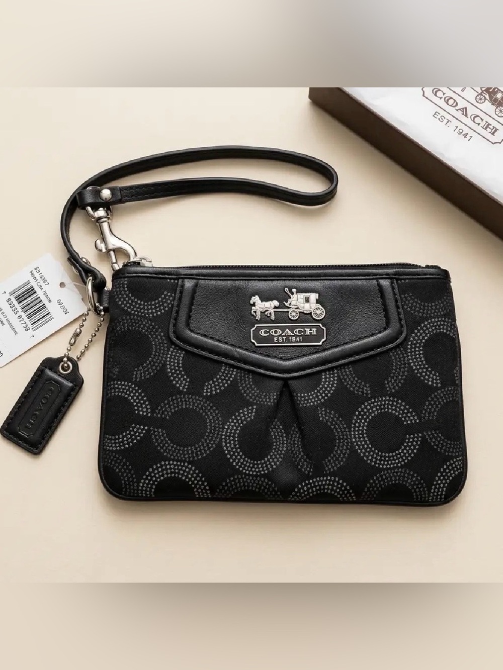 Coach Black Signature Wristlet with Silver Logo NWT